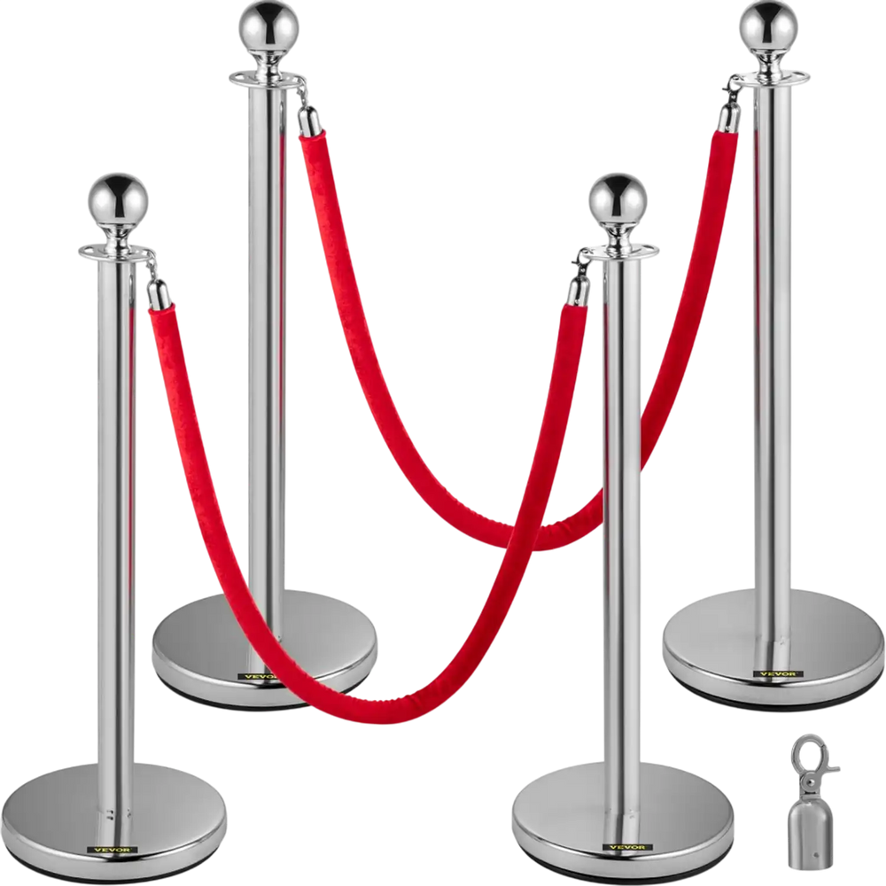 VEVOR 4PCS Stainless Steel Stanchion Posts Queue, Red Velvet Ropes Silver Post, 5FT Rope Barriers Queue Line Crowd Control Barriers for Party Supplies