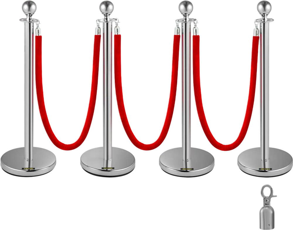 VEVOR Crowd Control Stanchion, Set of 4 Pieces Silver Stanchion Set, Stanchion Set with 5 ft/1.5 m Red Velvet Rope, Crowd Control Barrier