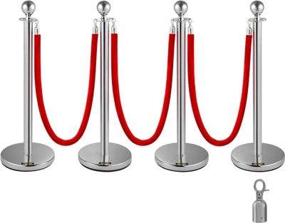 Vevor Crowd Control Stanchion Silver Set of 4 with 5' Red Velvet Rope New