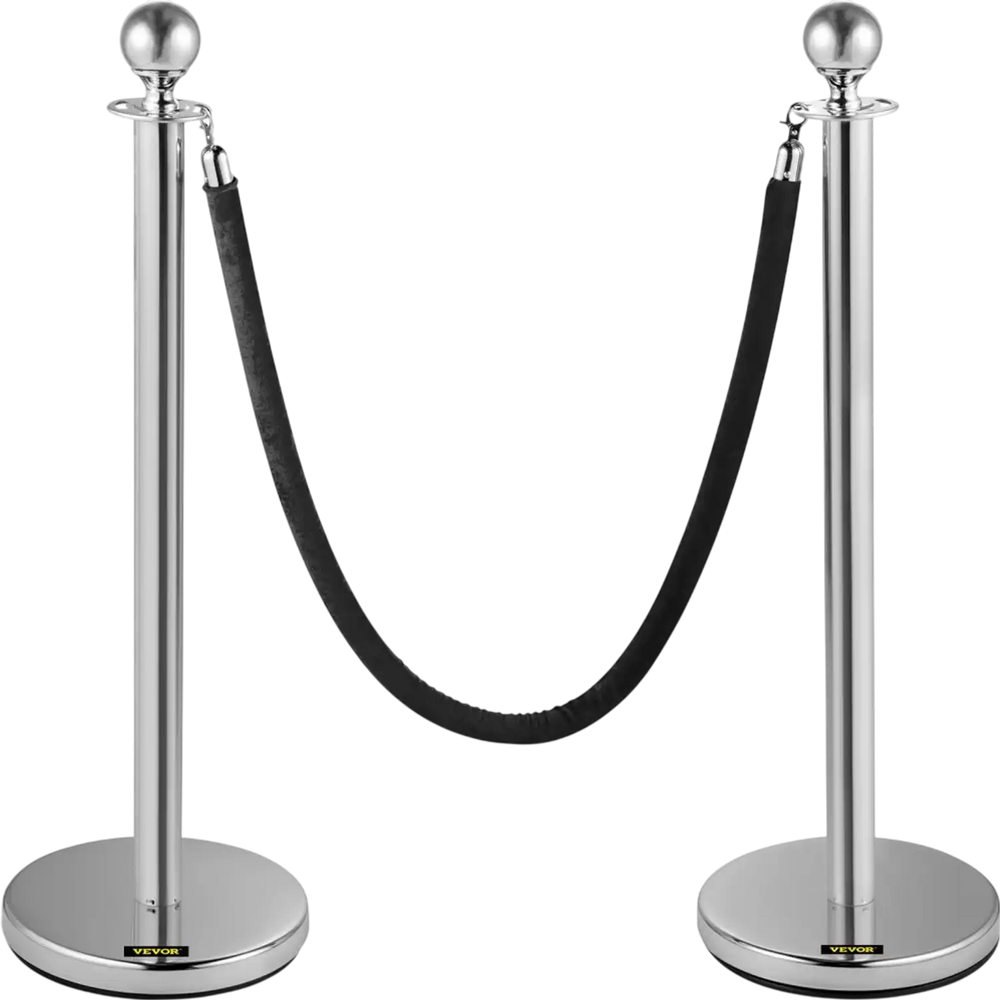 VEVOR Crowd Control Stanchion, Set of 2 Pieces Stanchion, Stanchion Set with 5 ft/1.5 m Black Velvet Rope, Silver Crowd Control Barrier with Sturdy Concrete and Metal Base – Easy Connect Assembly