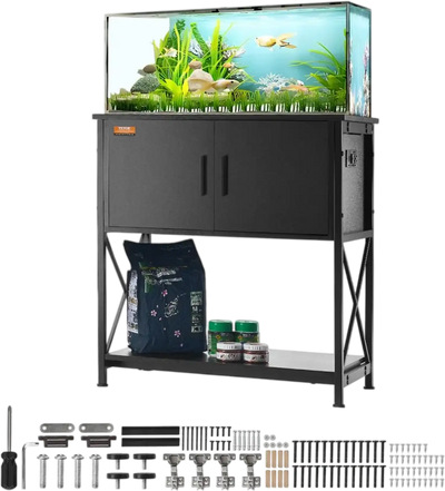 VEVOR Aquarium Stand, 29 Gallon Fish Tank Stand, 28.7 x 16.5 x 30 in Steel and MDF Turtle Tank Stand, 242.5 lbs Load Capacity, Reptile Tank Stand with Storage Cabinet and Embedded Power Panel, Black