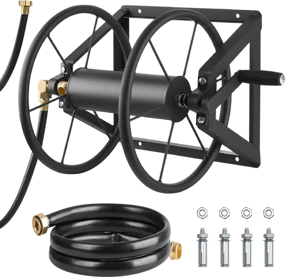 VEVOR Wall Mounted Garden Hose Reel, Holds 200 ft 5/8-inch Manual Water Hose Winder, Heavy-Duty Steel, Outdoor Reel with Brass Fitting & 5ft Leader Hose, Space Saving, for Yard Lawn Garage