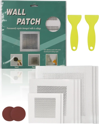 VEVOR 16PCS Drywall Repair Kit, 4/6/8-inch Aluminum Dry Wall Repair Patch Kit with 2 Scrapers & 2 Sandpapers, Self-Adhesive Drywall Patches for Nail Holes, Wall Cracks, Peeling, Scraping