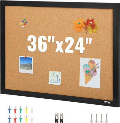 VEVOR Cork Board, 36x24 inches Bulletin Board with MDF Sticker Frame, Vision Board Includes 10 Pushpins, for Display and Decoration in Office Home and School