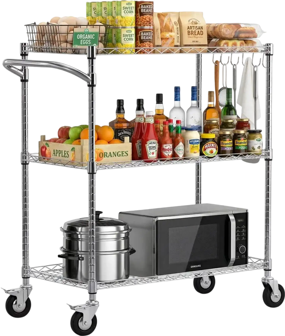 VEVOR Kitchen Utility Cart, 3 Tier Heavy Duty Adjustable Wire Storage Rack, Commercial Steel Rolling Service Trolley on Wheels, Work Table with Handle Bar, for Garage and Laundry Room, 35x17.8x40.9 in