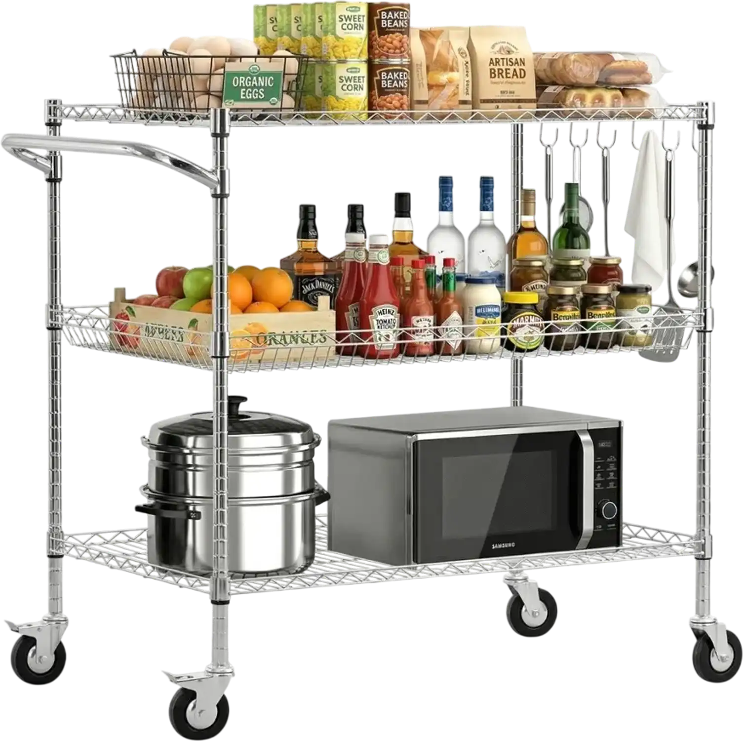 Vevor Kitchen Utility Cart 3-Tier Heavy-Duty Adjustable Wire Storage Rack Rolling Service Trolley 40 x 25 x 40.9