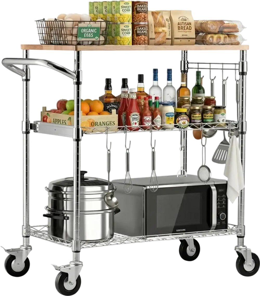 VEVOR Kitchen Utility Cart, 3 Tier Heavy Duty Adjustable Wire Storage Rack with Wood Tabletop and Handle Bar, Rolling Portable Service Trolley on Wheels, 661 lbs Steel Work Table, 30x18x36 in