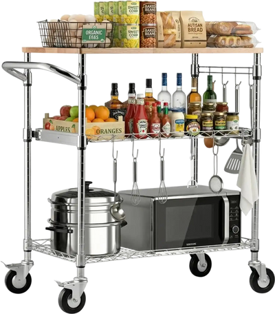 Vevor Kitchen Utility Cart 3-Tier Rolling Storage Rack with Wood Tabletop 30x18x36
