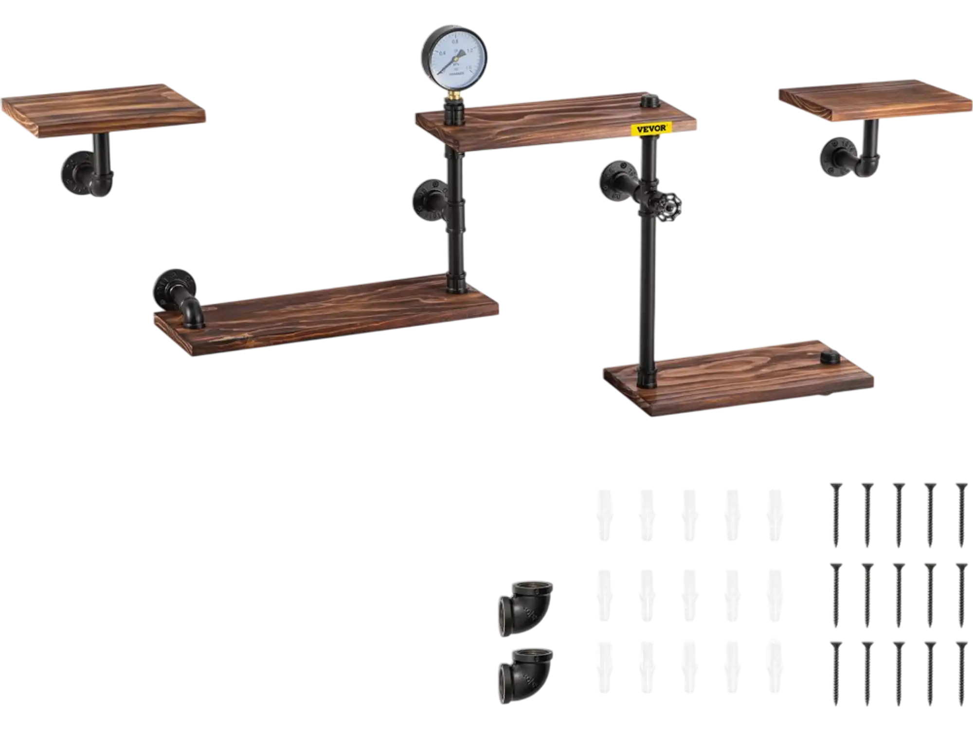 Vevor Pipe Shelves Industrial Wall-Mounted 5-Tier Wood Planks Black New