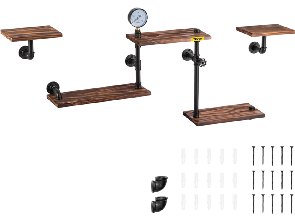 VEVOR Industrial Pipe Shelving, Pipe Shelves with 5-Tier Wood Planks, Rustic Floating Shelves Wall Mounted, Wall Shelf DIY Bookshelf for Bar Kitchen Bathroom Farmhouse Living Room, 47x28x9 inch