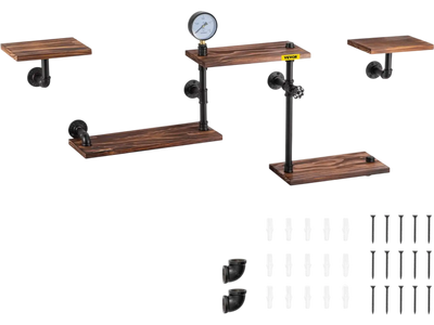 Vevor Pipe Shelves Industrial Wall-Mounted 5-Tier Wood Planks Black New