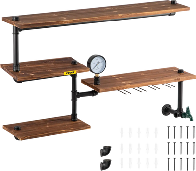 Vevor Pipe Shelves Industrial Wall-Mounted 4-Tier Solid Wood Planks Brown New