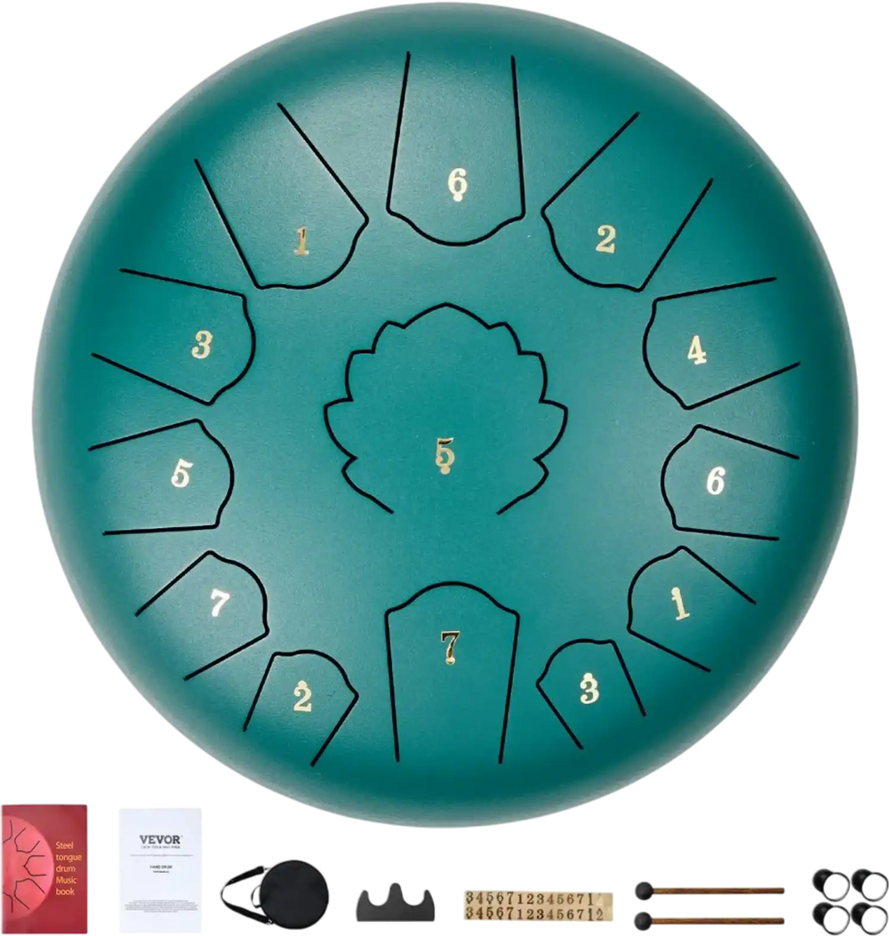 VEVOR Steel Tongue Drum, 12 in & 13 Notes, C Major Steel Drum for Outside Garden, with 2 Mallets & Carry Bag, Hand Pan Drum Percussion Instrument for Meditation Musical Education Yoga, Green