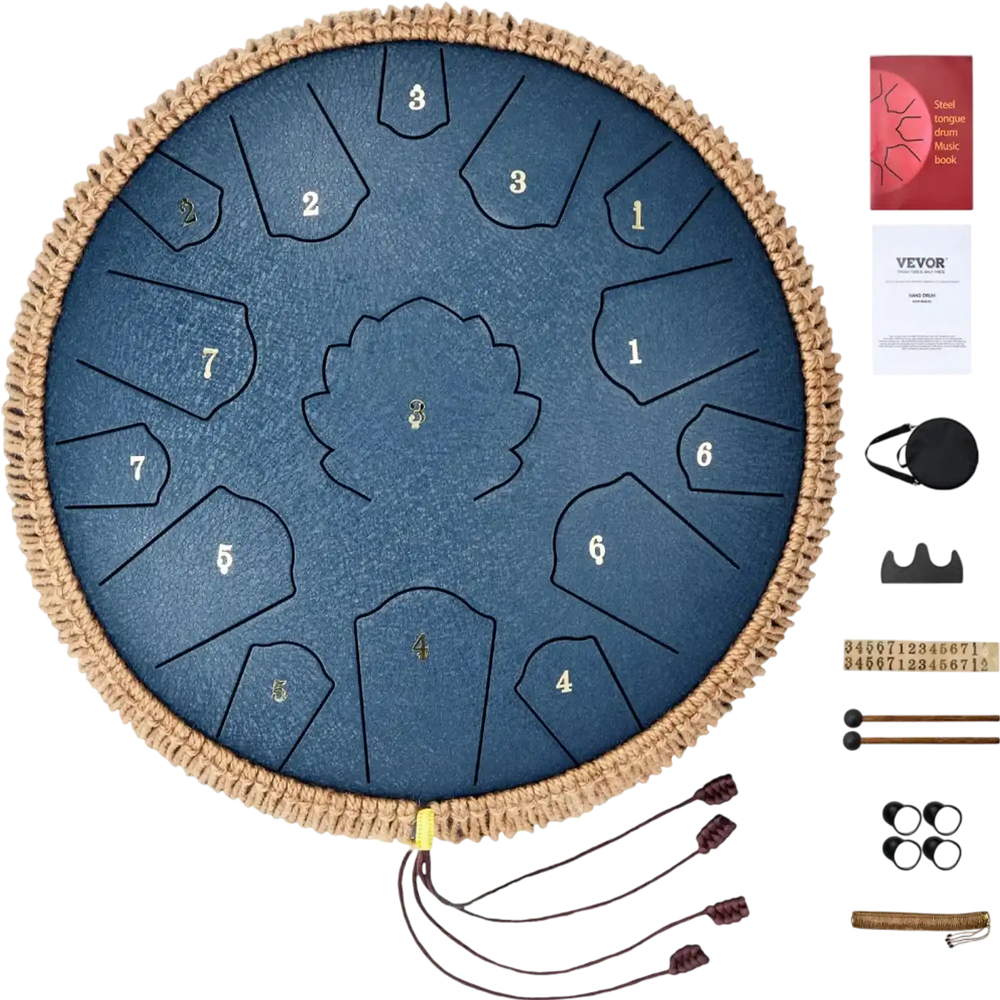 VEVOR Steel Tongue Drum, 14 in & 15 Notes, Rain Drum for Outside Garden, C Major Key, Tank Drum with 2 Mallets & Carry Bag, Hand Pan Drum Percussion Instrument for Musical Education Yoga, Navy Blue