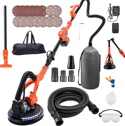 VEVOR Cordless Drywall Sander, 450W Electric Sander, Popcorn Ceiling Removal Tool with Vacuum Dust Collection, 7 Variable Speed 0-1600 RPM, LED Light, Foldable & Extendable Handle, 15 Sanding Discs