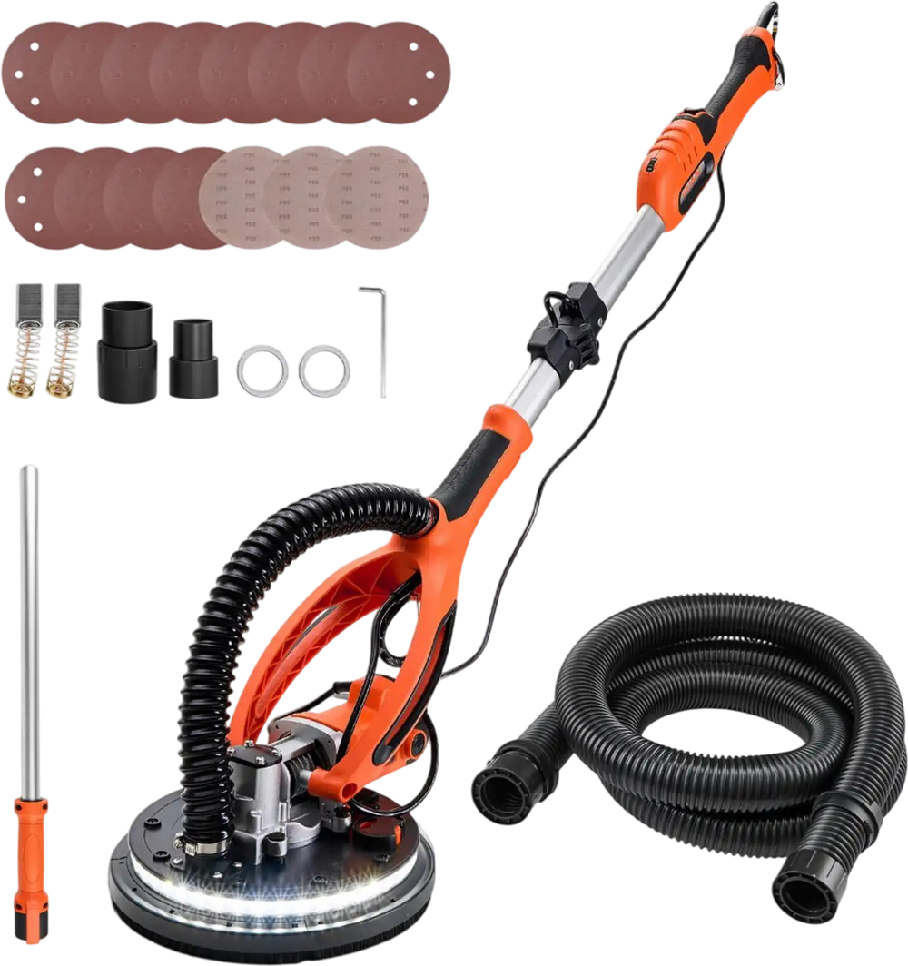 VEVOR Drywall Sander, 850W Electric Drywall Sander, Popcorn Ceiling Removal Tool with 5 Variable Speed 800-1700 RPM, Double-Deck LED Light, Foldable & Extendable Handle, 15 Sanding Discs, Dust Hose