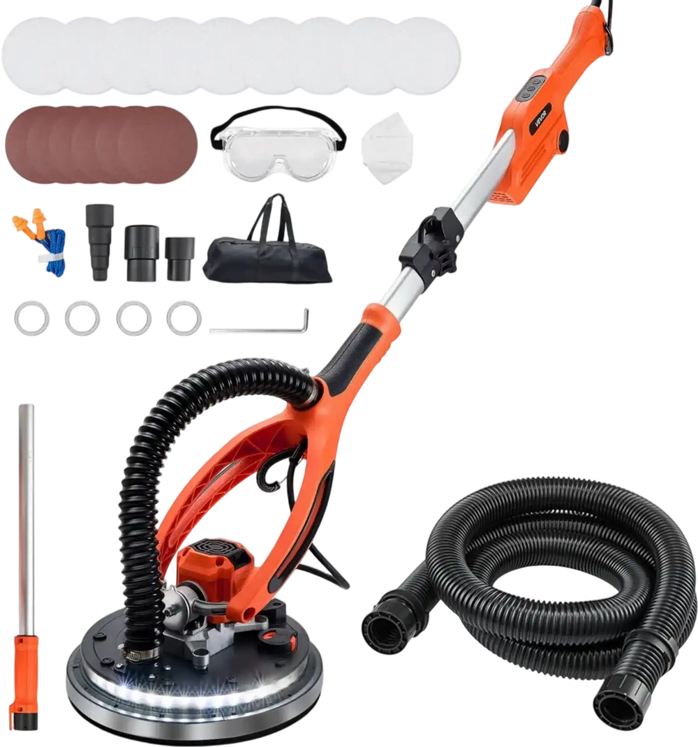 VEVOR Drywall Sander, 950W Electric Drywall Sander, Popcorn Ceiling Removal Tool with 7 Variable Speed 1000-2300 RPM, Double-Deck LED Light, Foldable & Extendable Handle, 15 Sanding Discs, Dust Hose