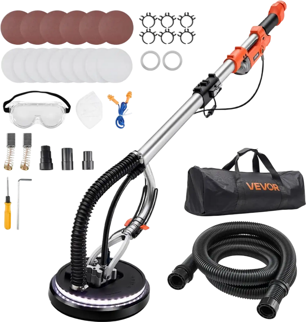 VEVOR Drywall Sander, 1010W Electric Drywall Sander, Popcorn Ceiling Removal Tool with 7 Variable Speed 1000-2200 RPM, Double-Deck LED Light, Foldable & Extendable Handle, 15 Sanding Discs, Dust Hose