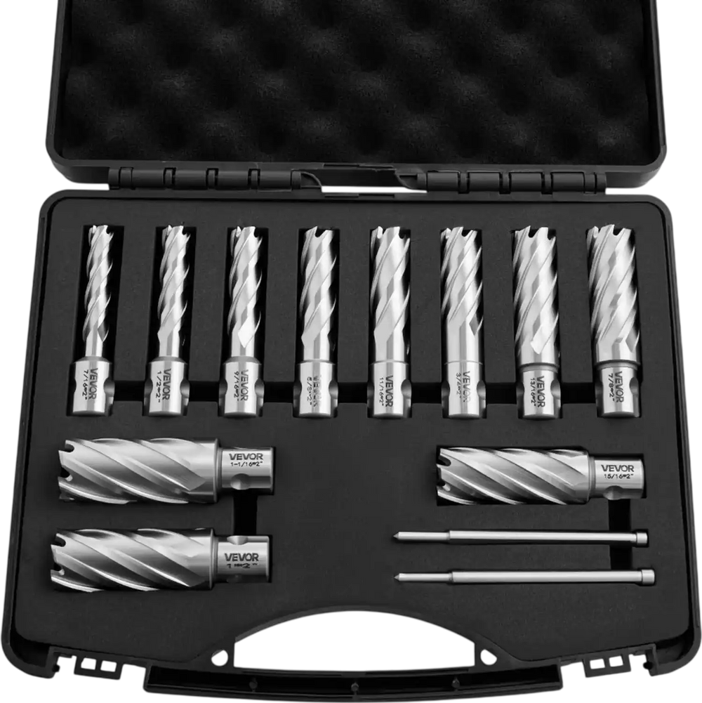 VEVOR Annular Cutter Set, 13 pcs Universal Shank Mag Drill Bits Kit, 2" Cutting Depth, 7/16" to 1-1/16" Cutting Diameter, HSS, 11 Drill Bits with 2 Pilot Pins, Plastic Case, for Magnetic Drills, Steel