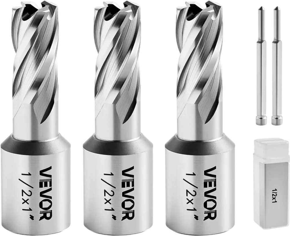 VEVOR Annular Cutter Set, 5 pcs Weldon Shank Mag Drill Bits Kit, 1" Cutting Depth, 1/2" Cutting Diameter, HSS, 3 Drill Bits with 2 Pilot Pins and 3 Plastic Cases, for Magnetic Drills, Steel, Aluminum