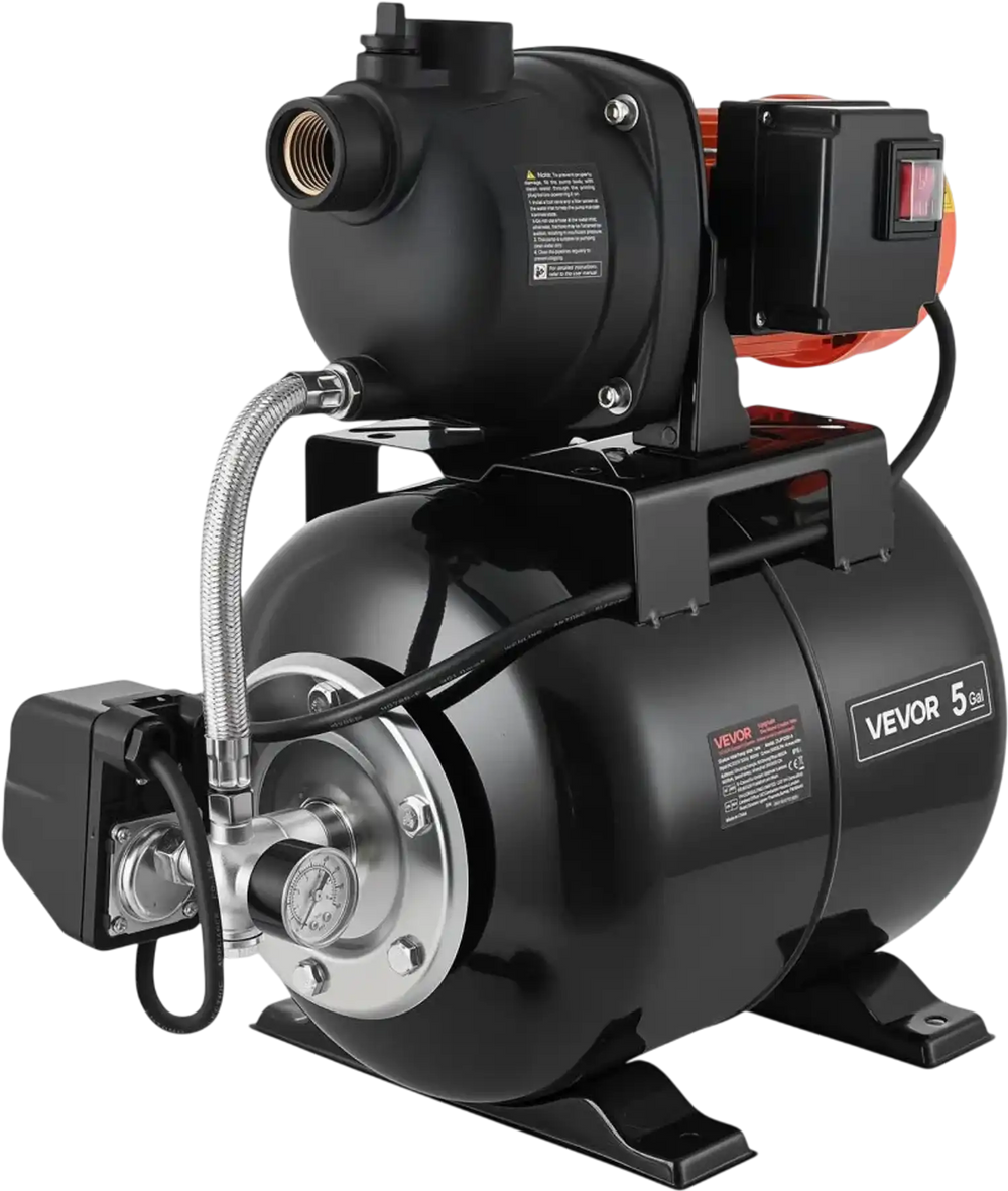VEVOR 1.1 HP Shallow Well Pump with Pressure Tank, 120V 1320 GPH, Plastic Irrigation Jet Pump with 5-Gal Tank, Automatic Water Booster Transfer System, 20/40 PSI Pressure Switch, for Home Garden Lawn