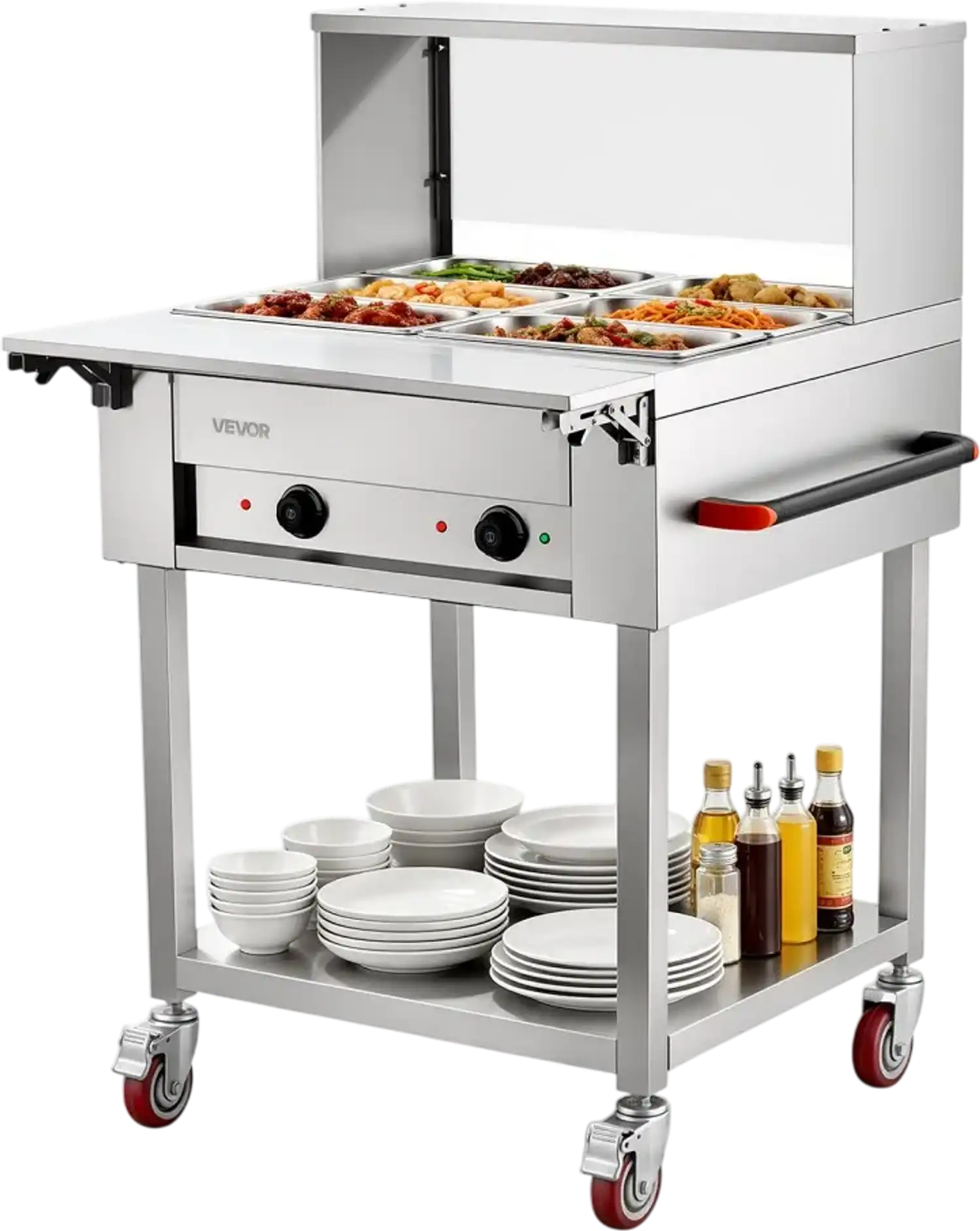 Vevor Food Warmer Commercial 6 x 1/3 Pan Electric Heating Table with Folding Board, Rolling Stand & Temp Control New