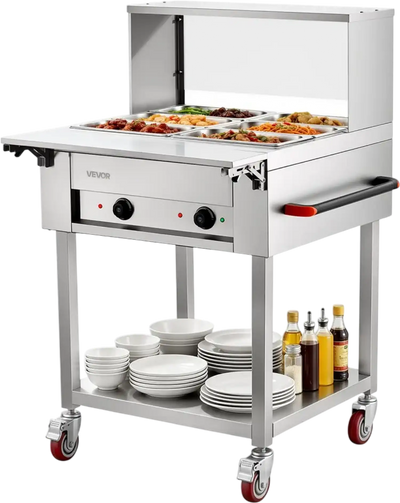 Vevor Food Warmer Commercial 6 x 1/3 Pan Electric Heating Table with Folding Board, Rolling Stand & Temp Control New