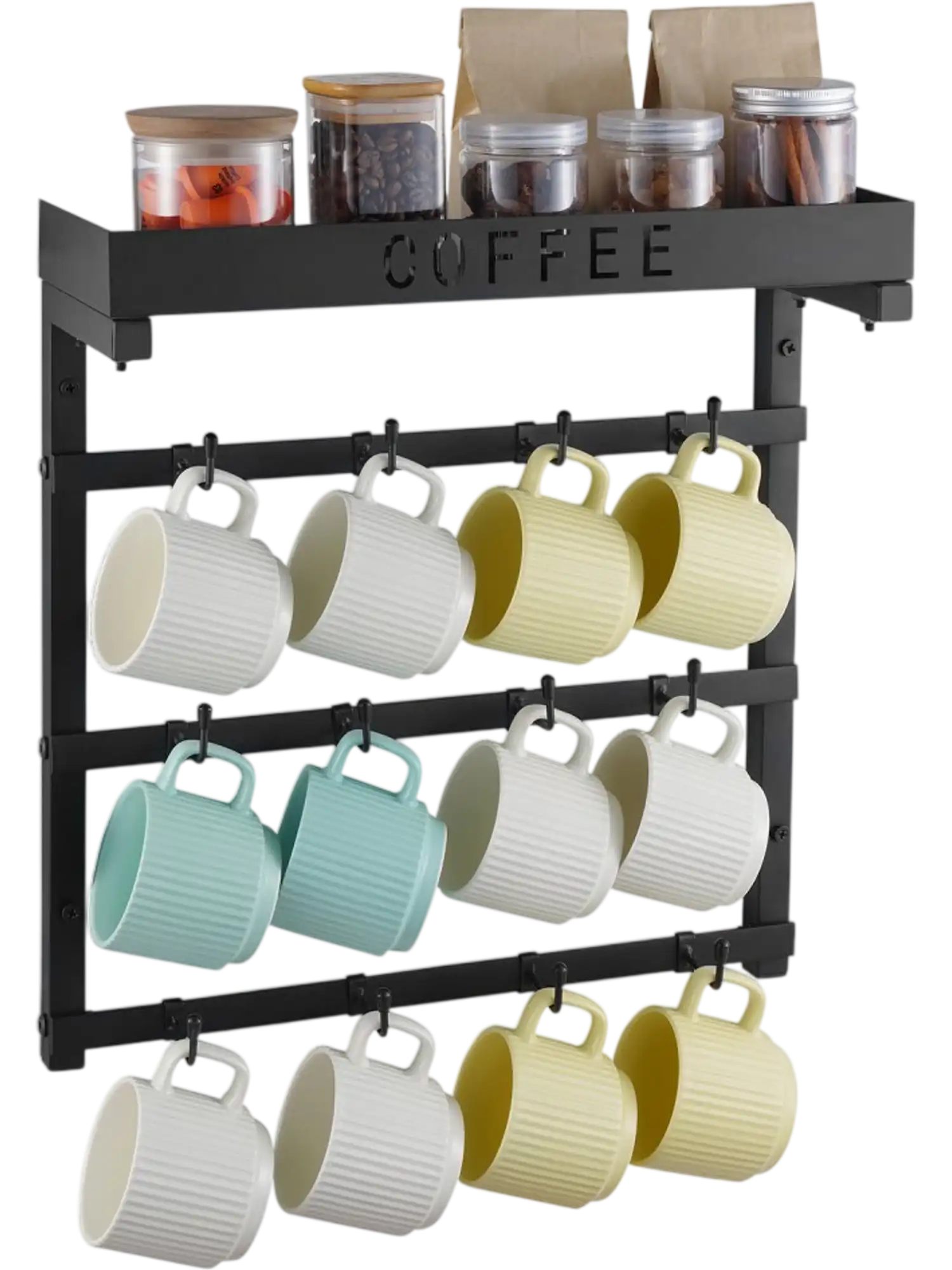 Vevor Mug Holder Wall-Mounted Coffee Cup Rack with 12 Movable Hooks & Top Shelf New