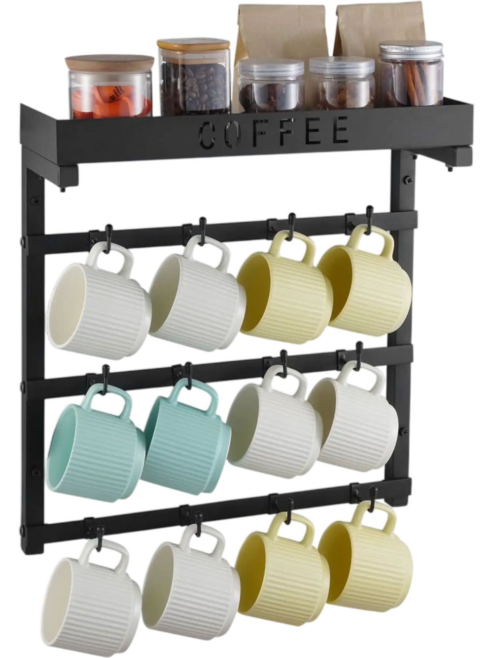 VEVOR Coffee Mug Holder Wall Mounted, 12 Movable Hooks Coffee Cup Hanger for Wall, Carbon Steel Mug Rack with Top Shelf, Coffee Bar Accessories & Organizer, Mug Display for Home Kitchen (Matte Black)