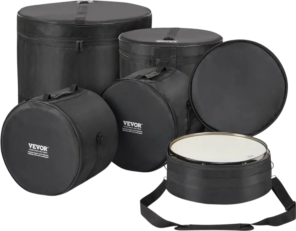 VEVOR 5-Piece Drum Bag Kit, Durable 1680D Oxford Material, Cushioned Cases with 1.5m Removable Shoulder Strap and Carry Handles, Collapsible, Fits 22'' Bass, 12''/13''/16'' Toms, 14'' Snare
