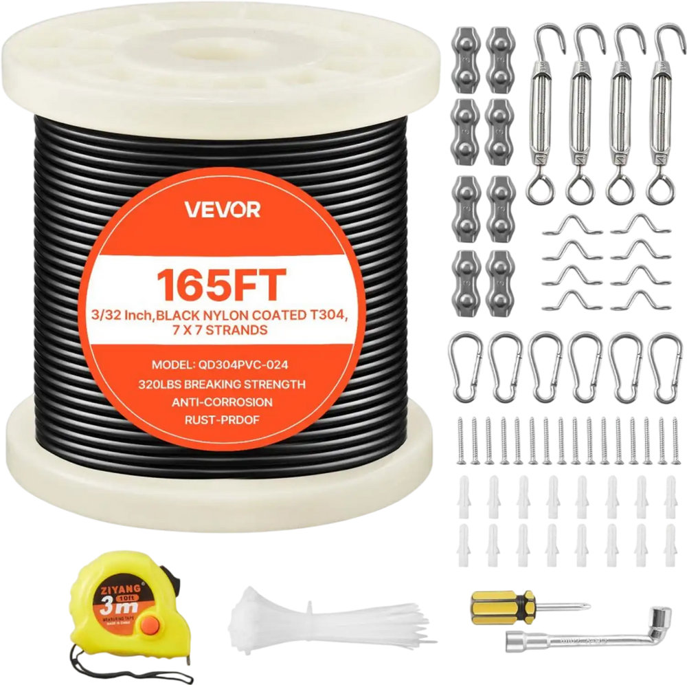 VEVOR 3/32 Inch Wire Rope Kit, 165 ft Length, 304 Stainless Steel Wire Cable, 450 lbs Breaking Strength, 7 x 7 Strands Construction, Steel Cable for Deck Railing System, Garden Trellis, String Lights
