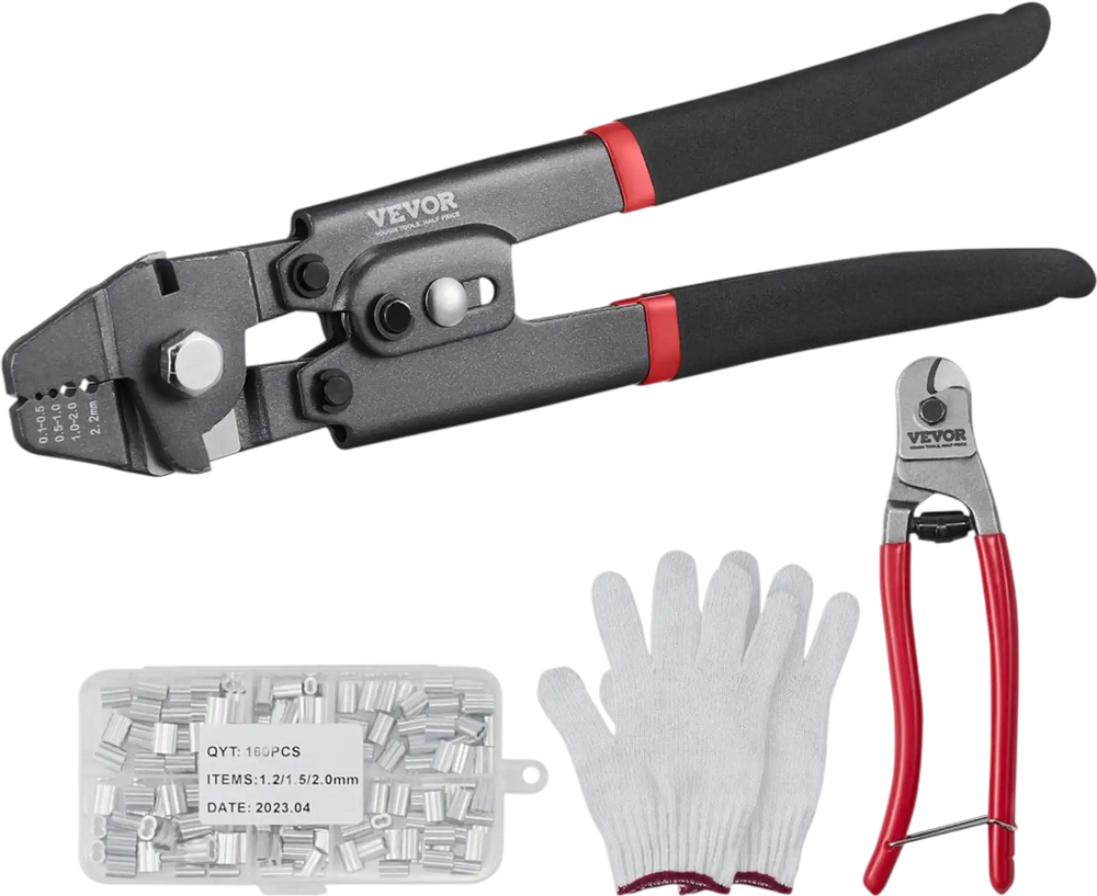 VEVOR Wire Rope Crimping Tool and Cutter Up To 2.2mm Wire Cable Crimps, 1/64" - 3/32" Crimping Loop Sleeve Kit and 160pcs Aluminum Buckles, Fishing Crimping Tool Wire Rope Thimbles Kit