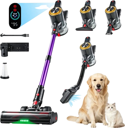 VEVOR Cordless Vacuum Cleaner 500W 50kPA Cordless Stick Vacuum Cleaner, For Home Hard Floor Carpet Pet Hair, 45-Min Runtime, Rechargeable, Lightweight Handheld, with LED Display, 5 Brush Heads
