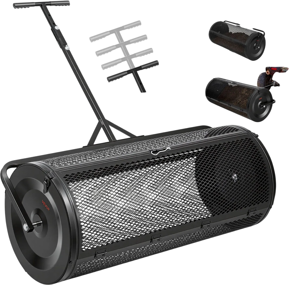 VEVOR Compost Spreader, 44" Wide Peat Moss Spreader with Push/Tow Handle, 4 Heights Adjustable, Powder-Coated Steel Garden Peat Moss Roller, Heavy Duty Grass Seed Roller for Planting Seeding, Black