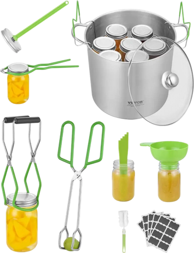 VEVOR Canning Supplies Starter Kit, 9 Pieces Stainless Steel Water Bath Canning Kit for Beginners, Canning Tools Set: Pot, Rack, Lid, Funnel, Tongs, Jar Lifter, Wrench, Magnetic Wand, Bubble Propper