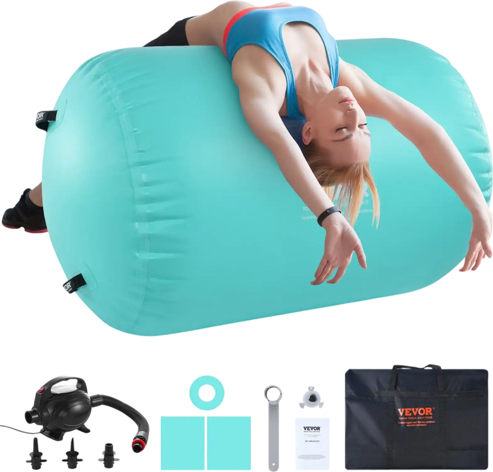 VEVOR Air Mat Tumble Track Air Spot, Round Inflatable Air Roller, Air Barrel Gymnastic Equipment with Electric Pump, Tumbling Backbend Trainer for Home Use/Gym/Yoga/Cheerleading/Park/Water, Mint Green