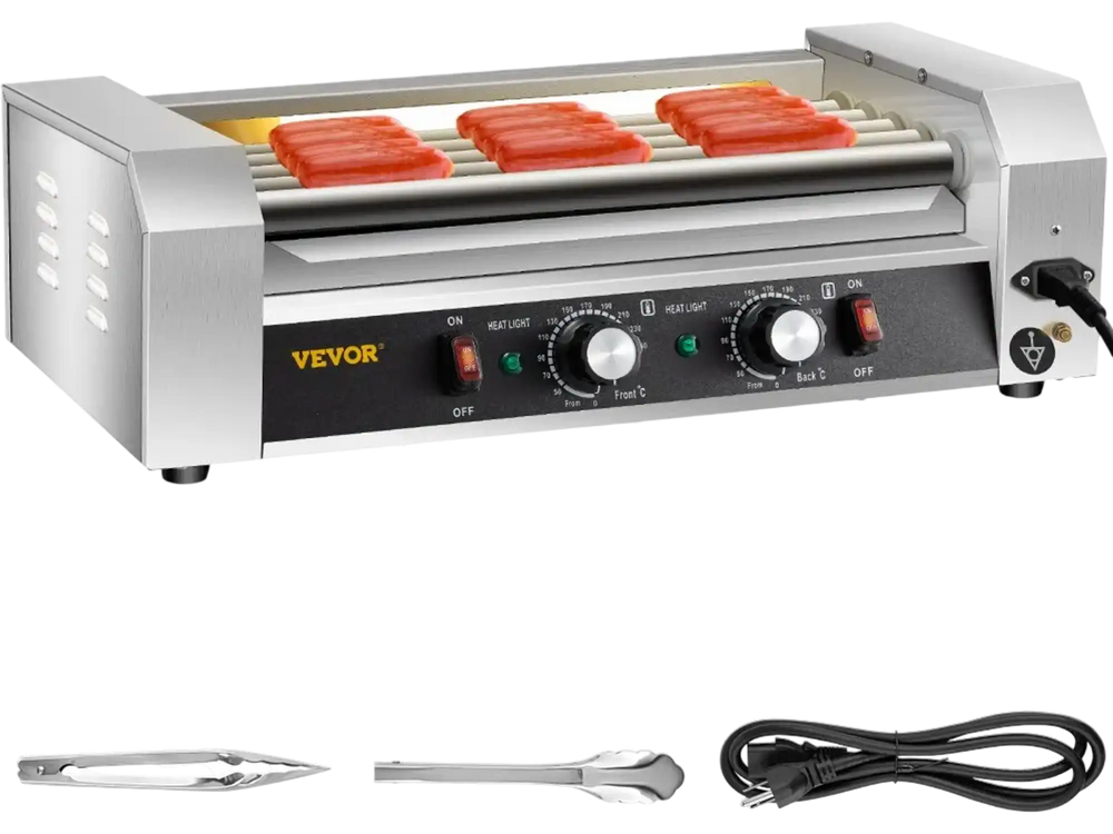 VEVOR Hot Dog Roller, 12 Hot Dog Capacity 5 Rollers, 750W Stainless Steel Cook Warmer Machine with Dual Temp Control, LED Light and Detachable Drip Tray, Sausage Grill Cooker for Kitchen Restaurant