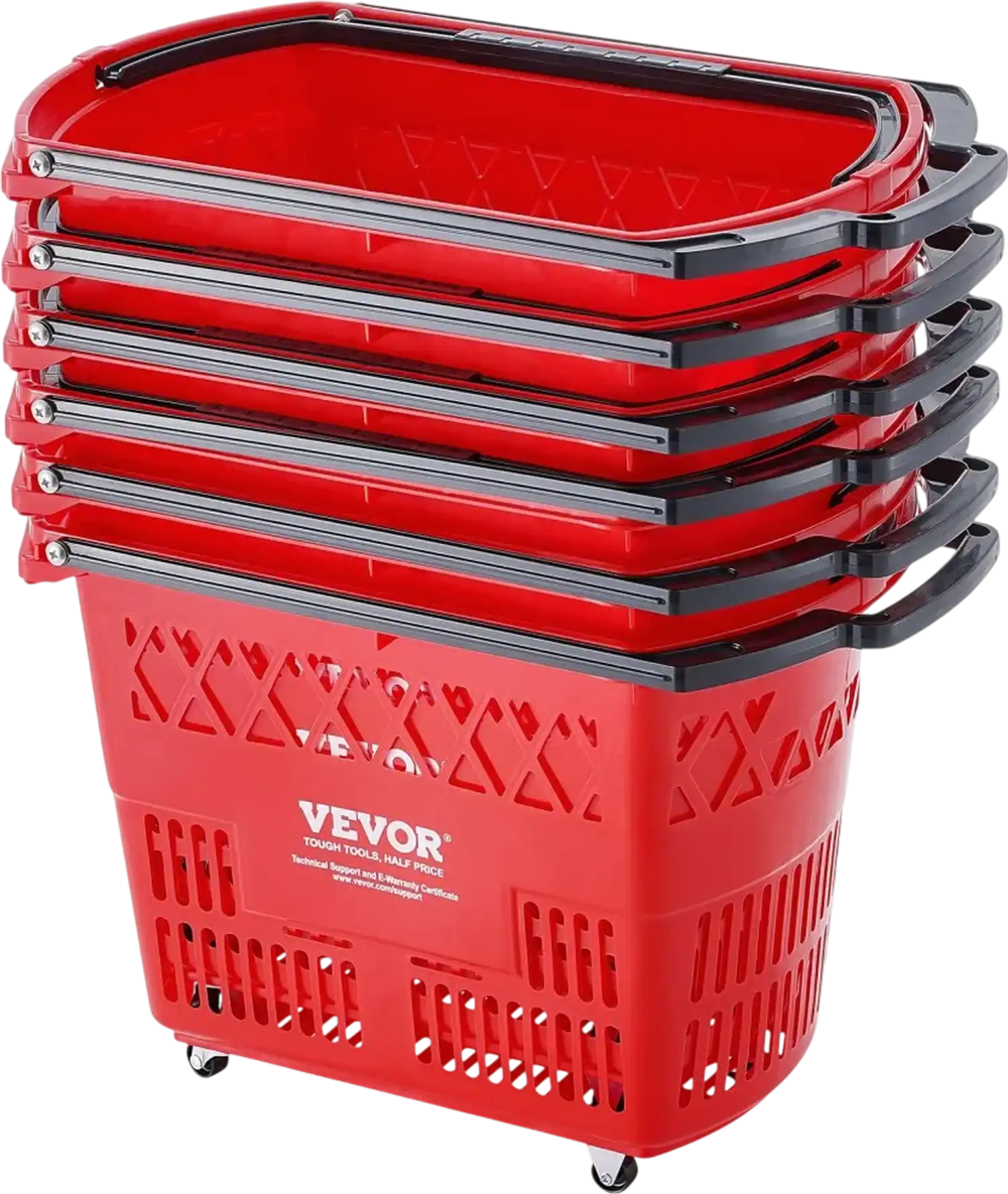 VEVOR Shopping Baskets, 6PCS, 39L Shopping Carts with Handles, Plastic Rolling Shopping Basket with Wheels, Large Portable Shopping Basket Set for Supermarkets, Retail Stores, Grocery Shopping, Red