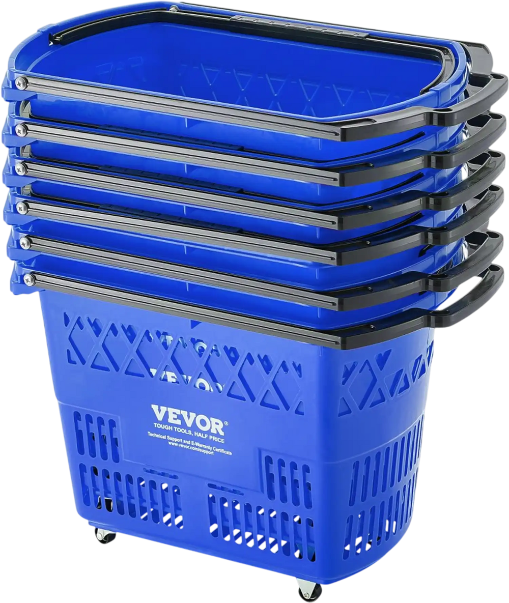 VEVOR Shopping Baskets, 6PCS, 39L Shopping Carts with Handles, Plastic Rolling Shopping Basket with Wheels, Large Portable Shopping Basket Set for Supermarkets, Retail Stores, Grocery Shopping, Blue