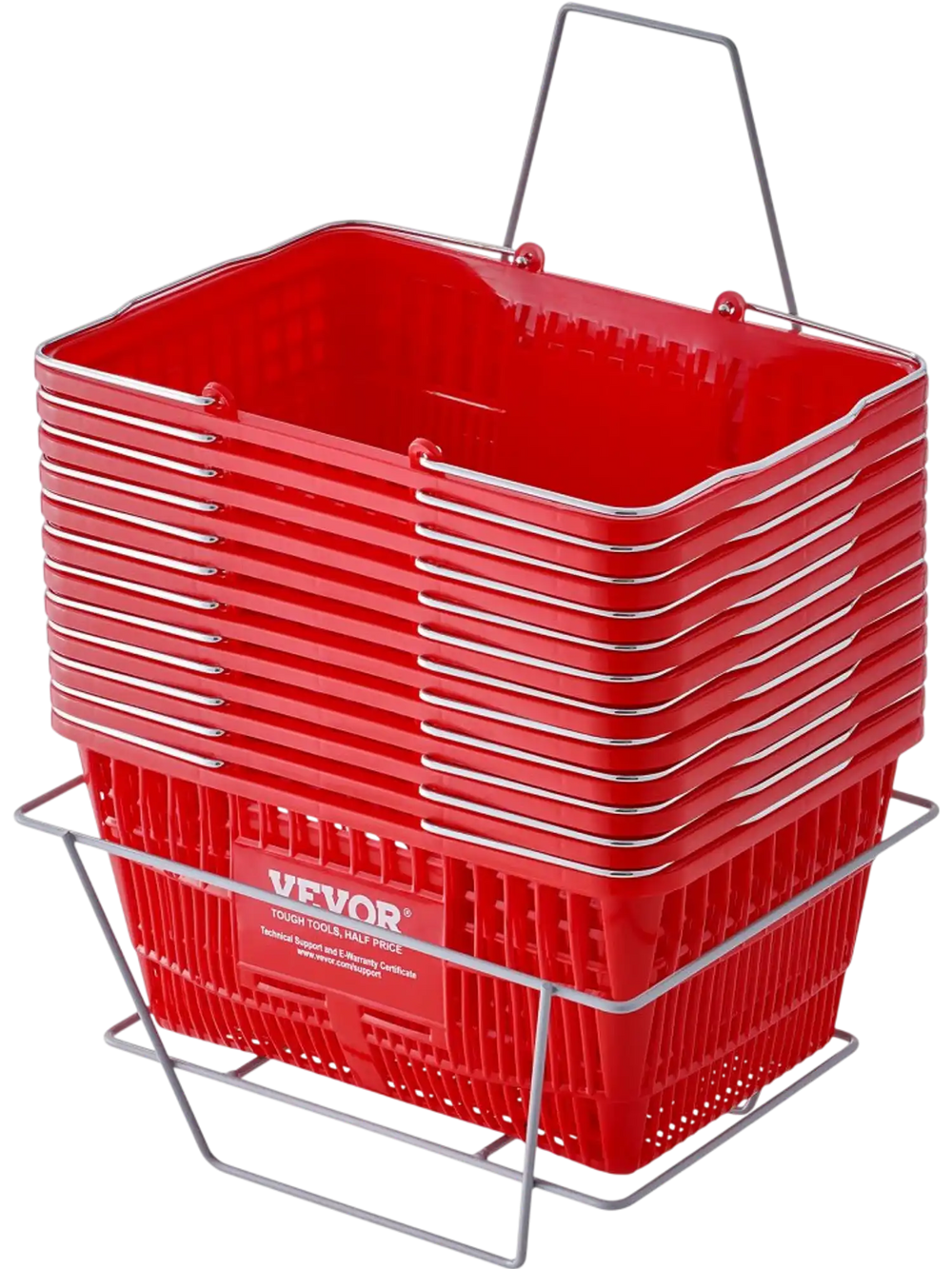 VEVOR Shopping Basket, Set of 12, 21L Durable Plastic Grocery Basket with Metal Handle and Stand, 16.73 x 12.01 x 8.58 inch Portable Shop Basket Used for Retail Store Supermarket Grocery Shopping, Red