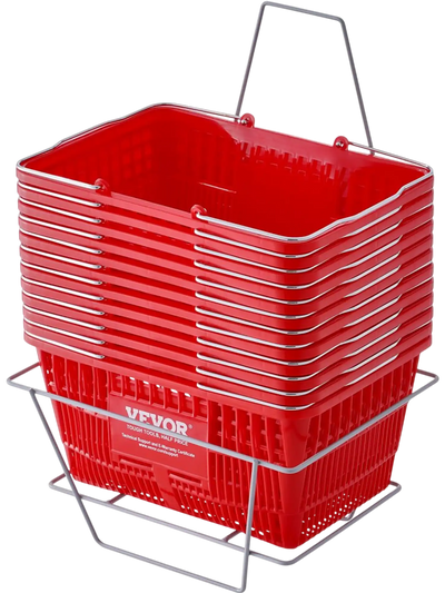 Vevor Shopping Basket Set of 12 21L Grocery Baskets with Metal Handles and Stand Red New