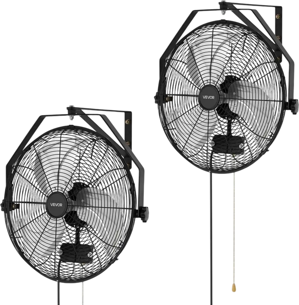 VEVOR Wall Mount Fan, 18 in Wall Mounted Hanging Fan with IP44-rated Protection, 3-Speed, Long Airflow Distance, Adjustable Rotation Angle, Powerful for Industry, Commercial, Garage, Workshop, 2 Pack