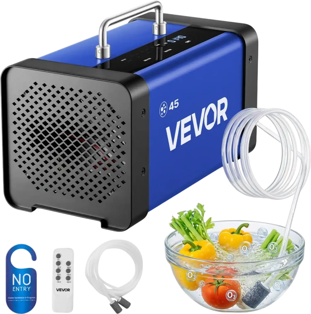 VEVOR Ozone Generator, 45000mg/h Commercial Ozone Machine, with 15s Delayed Start & Dual-Hose Water Mode & LCD Touchscreen, Industrial Deodorizer for Car, Smoke, Home Odors, Up to 3800 sq.ft