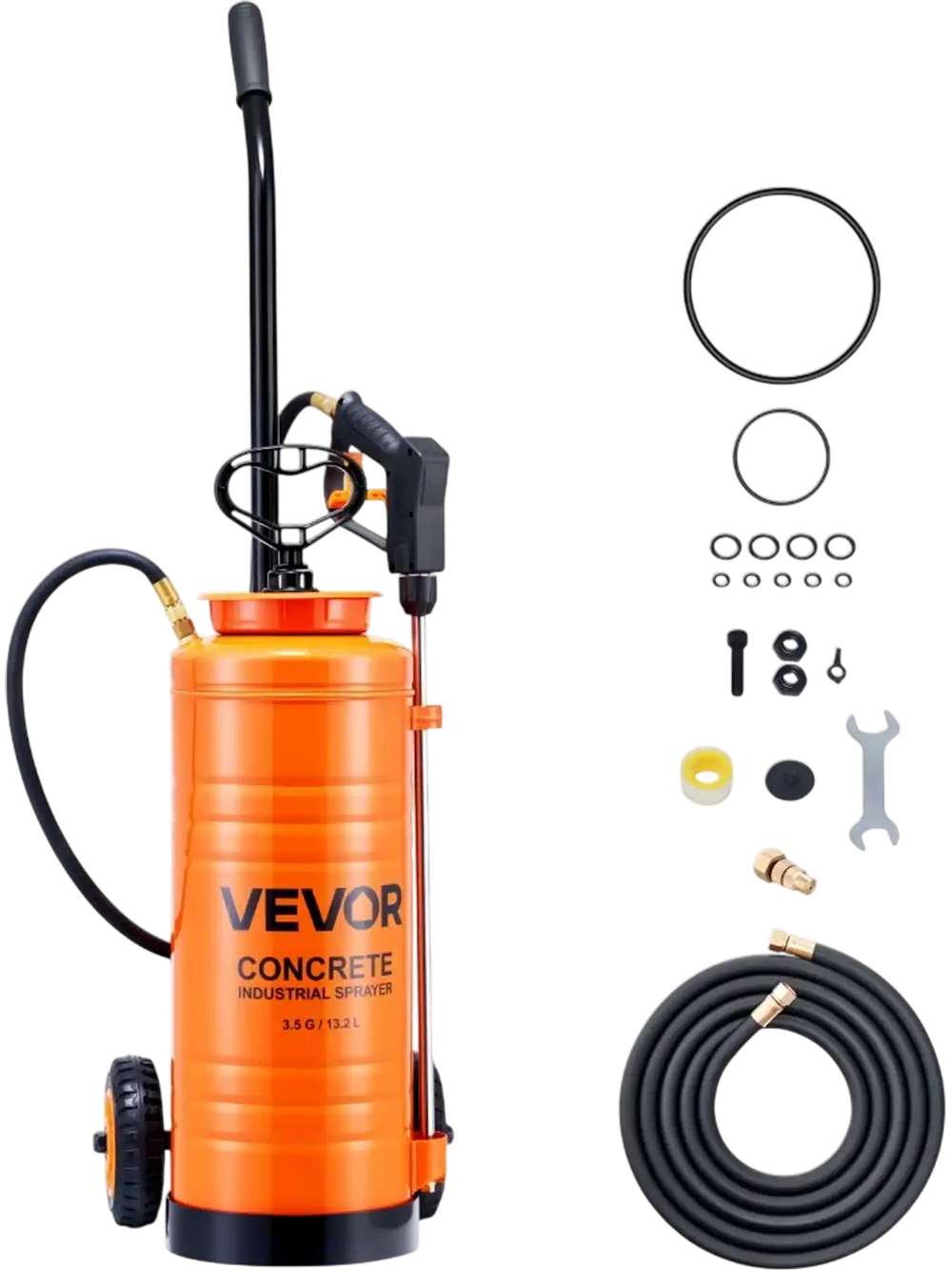 VEVOR Industrial Concrete Sprayer with Wheeled Cart, 3.5 Gallon Stainless Steel Sprayer, Heavy Duty Tri-Poxy Pump Sprayers, 20.5"Wand, 48" & 120"Hoses, 2 Brass Nozzles for Construction, Lawn & Garden