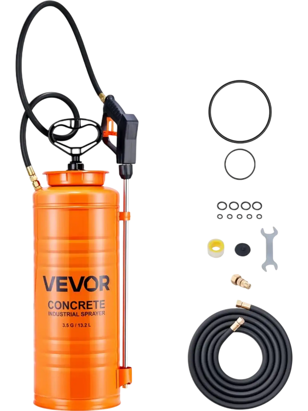 VEVOR Industrial Concrete Sprayer, 3.5 Gallon Stainless Steel Sprayer, Heavy Duty Tri-Poxy Pump Sprayers, 20.5"Wand with Ergonomic Gun Handle, 48"& 120"Hose, 2 Brass Nozzles for Construction, Garden