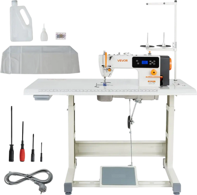 VEVOR Industrial Sewing Machine, 550W Lockstitch Sewing Machine Set with Servo Motor and Table Stand, Auto Thread Trimmer, 5000 SPM High Speed, Metal Frame, LCD Panel, LED Light, for Cotton, Denim