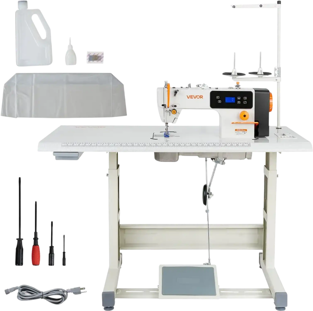 VEVOR Industrial Sewing Machine, 550W Lockstitch Sewing Machine Set with Servo Motor and Table Stand, 5000 SPM High Speed, Metal Frame, LCD Panel, LED Light, for Cotton, Wool, Denim, Leather, Canvas