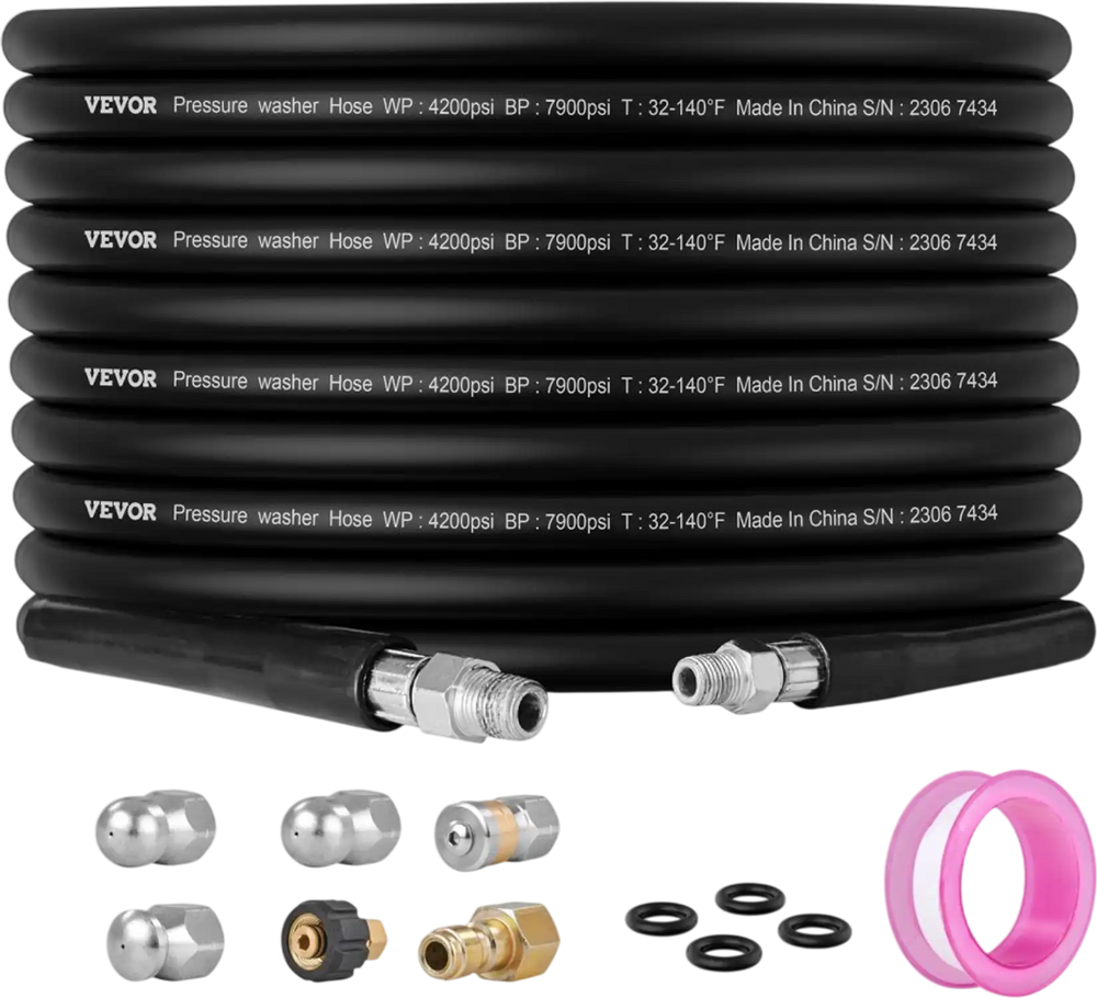 VEVOR Pressure Washer Hose, 100FT, 1/4" Kink Free Brass Thread Replacement For Most Brand Pressure Washers, 3/4'' Bending Radius, 4200 PSI Heavy Duty Power Washer Extension Spray Nozzle