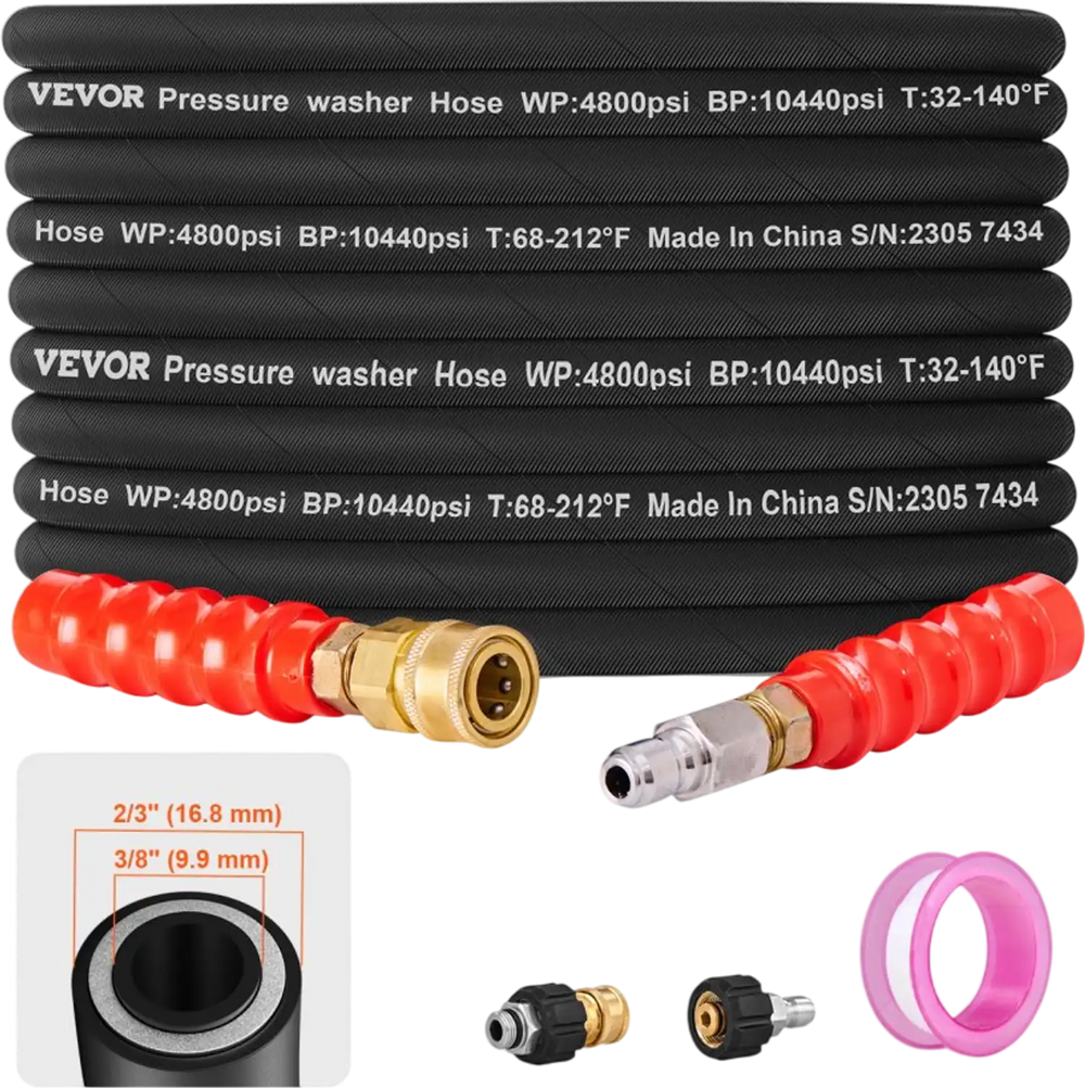 VEVOR Pressure Washer Hose, 100FT, Kink Free 3/8"-φ14.8 Male, 3/8"-φ15 Female For Most Brand Pressure Washers, 4.9'' Bending Radius, 4800 PSI Heavy Duty Power Washer Extension Replacement Hose