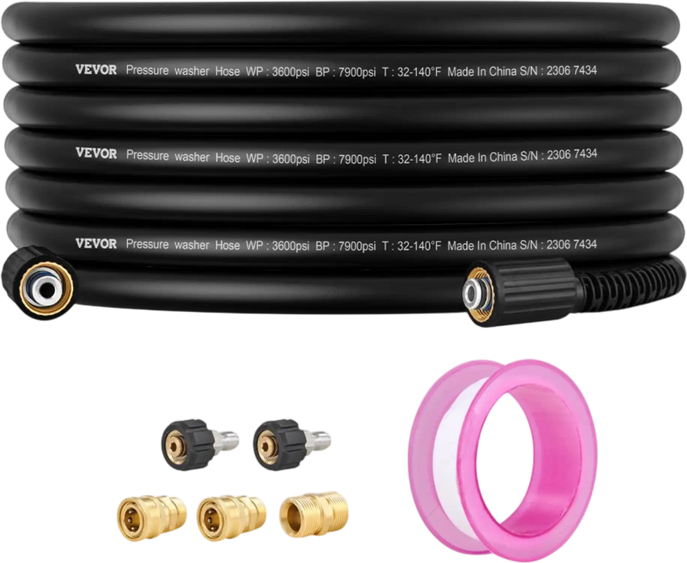 VEVOR Pressure Washer Hose, 50 FT, 1/4" Kink Free M22-14mm Brass Thread Replacement For Most Brand Pressure Washers, 3/4'' Bending Radius, 3600 PSI Heavy Duty Power Washer Extension Replacement Hose